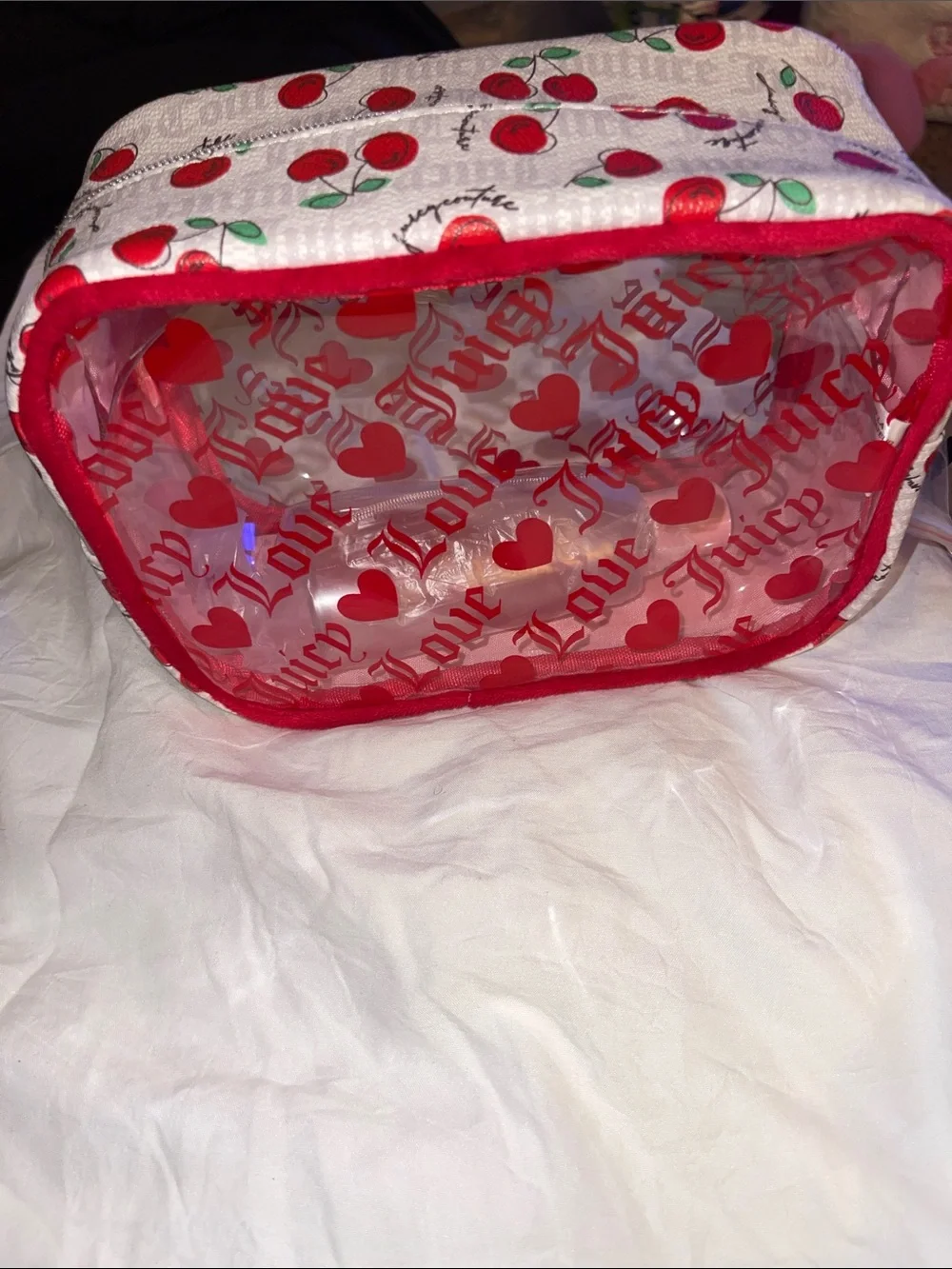 Juicy Couture Clear Cosmetic Pouch with Red Hearts and 'Love' Script